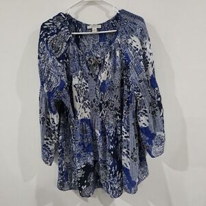 Spense Womens Top‎ Size 2X Flowy Floral Patchwork Boho Blue
